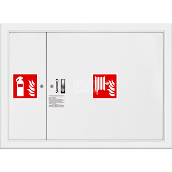 Hydrant DN25 wnękowy z miejscem na gaśnicę obok zwijadła, wąż 20m, zamek patent, RAL 9003