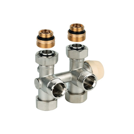 Zawór podwójny Therafix Uniwersal z zespolonym zaworem termostatycznym z wkładką SX, przyłącze grzejnika 3/4" gza, Euroconus, w zestawie nypel redukcyjny na 1/2" oraz osłona ozdobna: biała