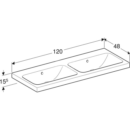 Umywalka GEBERIT iCon Light podwójna 2-stanowiskowa prostokątna, biała, 1200mm, bez otworu na baterię, z odpływem przelewowym, półka od ściany