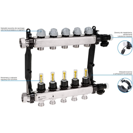 Rozdzielacz do ogrzewania podłogowego AFRISO ProCalida VA 1C 5-obieg. stal nierdzewna GZ 1'' x Euroconus 3/4''