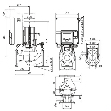 Pompa obiegowa WILO Stratos GIGA 2.0-I 100/1-9/1,5-R1 typu in-line z silnikiem znormalizowanym 50/60 Hz, moc silnika 1.4kW 2.6 A 1800 obr/min, wlot Kołnierz DN 100