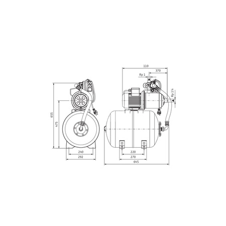 Hydrofor domowy Wilo-MultiPress HMP 603 DM-2 normalnie zasysający, zmniejszenie częstotliwości załączania i eliminacja skoków ciśnienia dzięki zbiornikowi ciśnieniowemu o pojemności 50 l