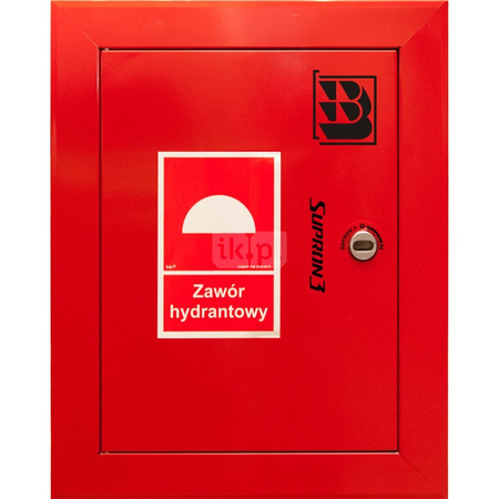 Zawór hydrantowy pożarowy typ ZH-52 wraz z obudową. Obudowa 400 wnękowa. Znak B, zamek OTS, kolor RAL3000