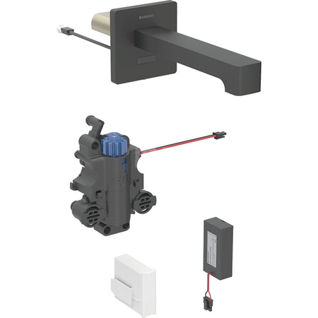 Bateria umywalkowa Geberit Brenta, ścienna, zasilanie bateryjne, do podtynkowej skrzynki funkcyjnej, z mieszaczem termostatycznym, L=17cm, czarny mat