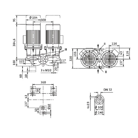 Pompa obiegowa WILO CronoTwin-DL 32/140-0,25/4-S1 typu in-line z silnikiem znormalizowanym 50 Hz, moc silnika 0.25kW 0.69 A 1450 obr/min, wlot Kołnierz DN 32