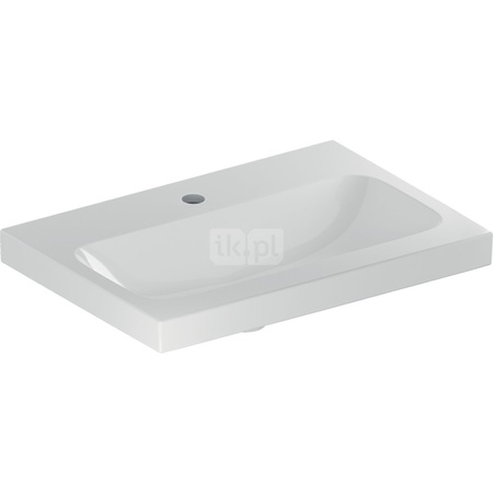 Umywalka GEBERIT iCon Light prostokątna, biała, 600mm, otwór na baterię na środku, bez odpływu przelewowego, półka od ściany