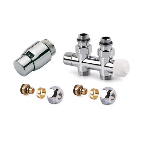 Zestaw CHROM do grzejników dolnozasilanych: głowica Thera-200 (chroma/chrom) T4221, zawór podwójny, prosty, V2882DSL15A + 2x złączka do rur wielowarstwowych FEM24M16X2