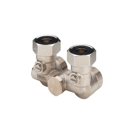 Moduł przyłączeniowy VIEGA 1097.0 mosiądz (niklowanie) 3/4'' zewnętrzne x 3/4'' Eurokonus, rozstaw 50 mm do grzejników