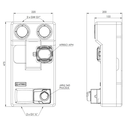 Grupa pompowa AFRISO PrimoTherm 180-2 DN 25 AP 3-WM-SM Vario GZ x GW 1 1/2'' x 1'', z zaworem mieszającym, z izolacją, z pompą obiegową, z siłownikiem arm 343 proclick