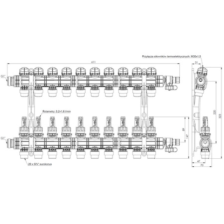Rozdzielacz do ogrzewania podłogowego AFRISO ProCalida EF1 K 10-obieg. poliamid GZ 1'' x euroconus 3/4'' + przepływomierz + zawór napełn/spust