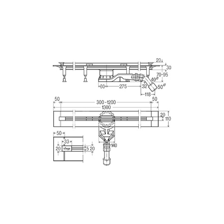 Odpływ prysznicowy prostokątny VIEGA 4966.10, 1300 x 110 x 70 mm, dł: 1200 mm, szer: 20 mm, z syfonem