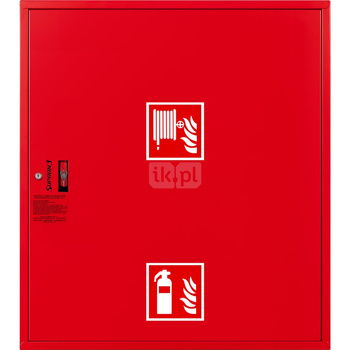 Hydrant DN33 zawieszany z miejscem na gaśnice pod zwijadłem, wąż 20m, ocynk fasada, zamek patent, RAL 3000