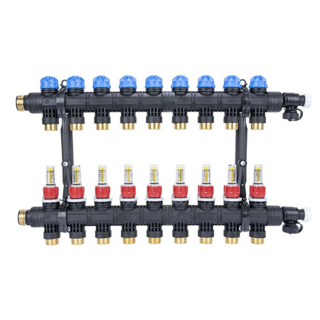 Rozdzielacz do ogrzewania podłogowego AFRISO ProCalida EF1 K 9-obieg. poliamid GZ 1'' x Euroconus 3/4'' + przepływomierz + zawór napełn/spust