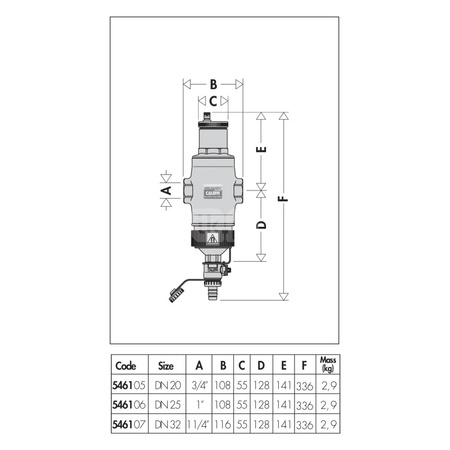 Separator CALEFFI DISCALDIRTMAG, 10 bar / 110'C, 1'', z wkładem magnesowym, kolor: mosiądz
