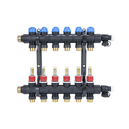 Rozdzielacz do ogrzewania podłogowego AFRISO ProCalida EF1 K 6-obieg. poliamid GZ 1'' x Euroconus 3/4'' + przepływomierz + zawór napełn/spust
