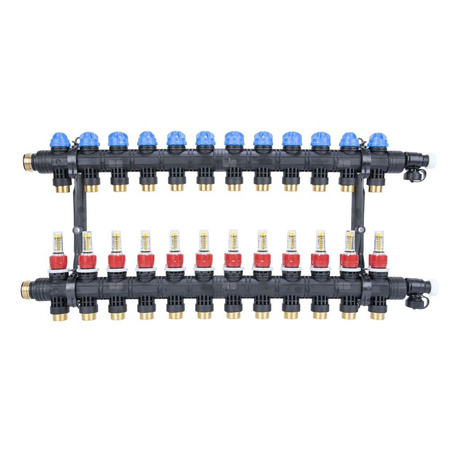 Rozdzielacz do ogrzewania podłogowego AFRISO ProCalida EF1 K 12-obieg. poliamid GZ 1'' x euroconus 3/4'' + przepływomierz + zawór napełn/spust