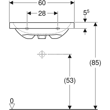 Umywalka GEBERIT iCon Light prostokątna, biała, 600mm, bez otworu na baterię, stawiana na blat, z odpływem przelewowym, półka od ściany
