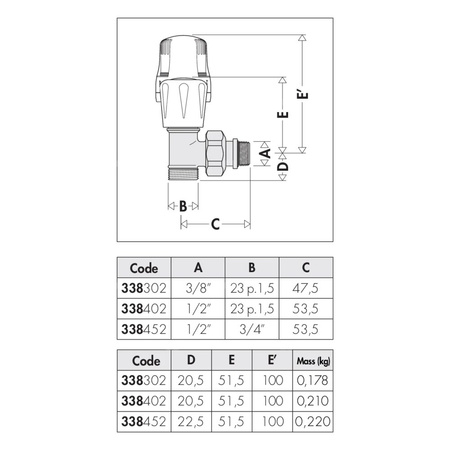 Kątowy zawór grzejnikowy przystosowany do rur miedzianych oraz rur z tworzyw sztucznych 3/4"x 1/2"
