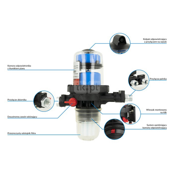 Filtr olejowy AFRISO FloCo-Top-1C Sizintegrowany z odpowietrznikiem fi 3/8''/3/8'' GW x GZ, z wkładem plastikowym, maks. przepływ 100 l/h