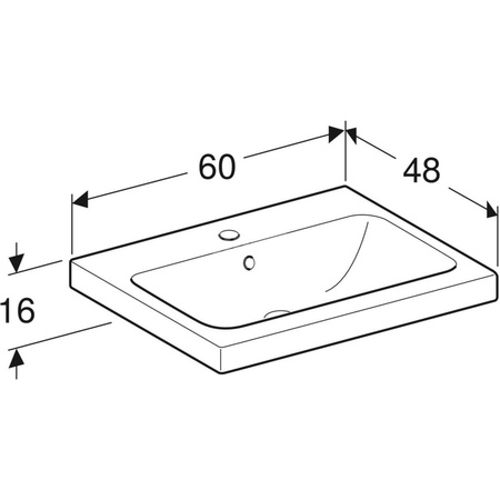 Umywalka GEBERIT iCon Light prostokątna, biała, 600mm, otwór na baterię na środku, stawiana na blat, z odpływem przelewowym, półka od ściany