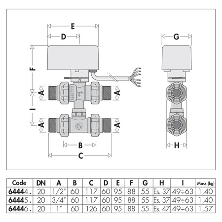 Trójdrożny kulowy zawór strefowy z trójnikiem obejściowym, z napędem 1"-230V
