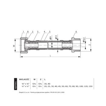 Wąż przyłączeniowy elastyczny PERFEXIM PHA-9105 DN 8, gw x gz, 1/2'' x 1/2'', długość 1000 mm