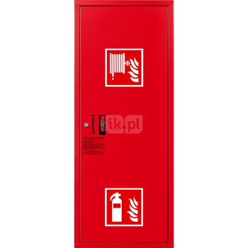 Hydrant DN33 zawieszany boczny z miejscem na gaśnicę, wąż 20m, ocynk fasada, zamek patent, RAL 3000 prawy