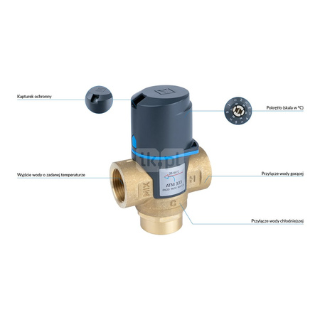 Zawór regulacyjny termostatyczny do wody ciepłej AFRISO ATM 333 mosiądz GW 3/4'', DN 20, zakres temp. 35-60'C, Kvs 1.6 m3/h, maksymalna temperatura 90'C, maksymane ciśnienie 10 bar