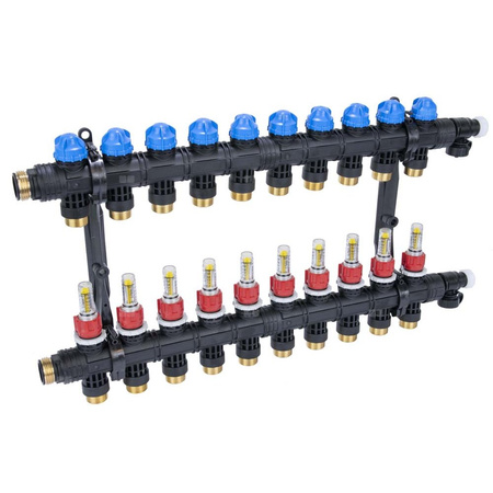 Rozdzielacz do ogrzewania podłogowego AFRISO ProCalida EF1 K 10-obieg. poliamid GZ 1'' x euroconus 3/4'' + przepływomierz + zawór napełn/spust