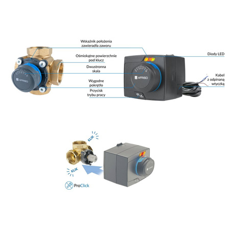 Zawór obrotowy czterodrogowy AFRISO ARV 486 ProClick, mieszający, Siłownik elektryczny ARM 343 ProClick, DN 40