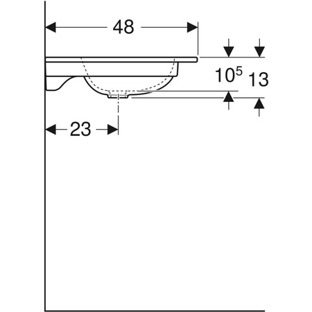 Umywalka GEBERIT iCon prostokątna, biała, 750mm, otwór na baterię na środku, nakładany od góry, bez odpływu przelewowego, półka od ściany