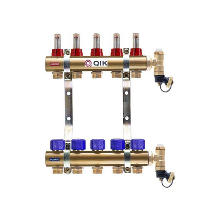 Rozdzielacz do ogrzewania podłogowego QIK BASIC II TN 5-obieg. mosiądz GW 1'' x GZ 3/4'' + przepływomierz