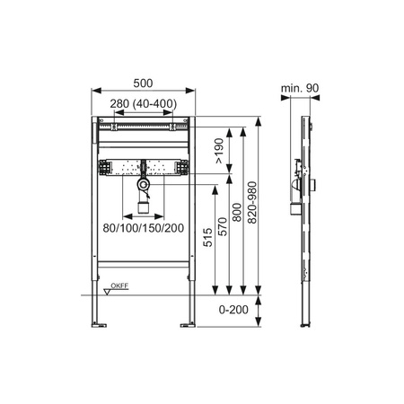 Stelaż podtynkowy do umywalki TECE profil, 820 x 500 x 90 mm, regulowana wysokość