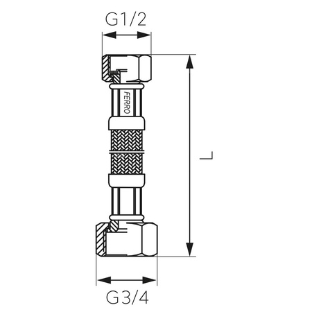 Wąż przyłączeniowy elastyczny FERRO z oplotem (stal), gw x gw, 1/2'' x 3/4'', długość 80 mm