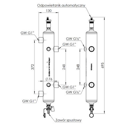 Sprzęgło hydrauliczne ocieplone BLH 801, 70 kW, 4x GW G1'', 4x GW G1/2'' odpowietrznik automatyczny, zawór spustowy, termometry