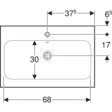 Umywalka GEBERIT iCon Light prostokątna, biała, 750mm, otwór na baterię na środku, stawiana na blat, z odpływem przelewowym, półka od ściany