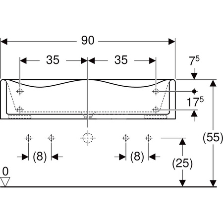 Umywalka GEBERIT Bambini 2-stanowiskowa prostokątna, biała, 900mm, bez otworu na baterię, ściana, bez odpływu przelewowego, półka od ściany