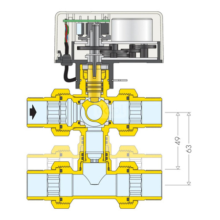 Trójdrożny kulowy zawór strefowy z trójnikiem obejściowym, z napędem 1/2"-230V
