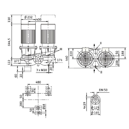 Pompa obiegowa WILO CronoTwin-DL 50/270-4/4-S1 typu in-line z silnikiem znormalizowanym 50 Hz, moc silnika 4kW 8.2 A 1450 obr/min, wlot Kołnierz DN 50