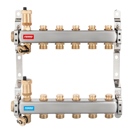 Rozdzielacz 9-drogowy (do systemów c.o. i c.w.u.) z zaworami odcinającymi obwody, stal nierdzewna