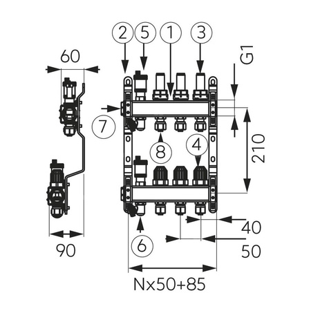 Rozdzielacz do ogrzewania podłogowego FERRO SN-RZP05S 5-obieg. stal nierdzewna gw 1'' x nypel gw 1/2''x3/4'' + przepływomierz + termostat