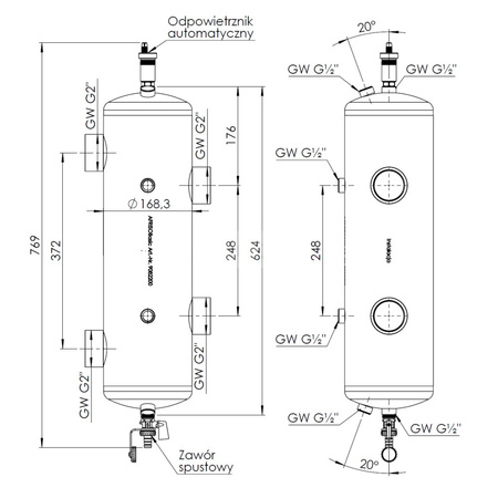 Sprzęgło hydrauliczne ocieplone BLH 822, 200 kW, 4x GW G2'', 6x GW G1/2'' odpowietrznik automatyczny, zawór spustowy, termometry, tuleja zanurzeniowa, korek