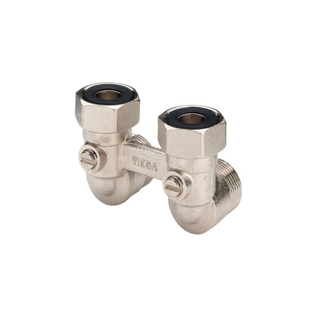 Moduł przyłączeniowy kątowy VIEGA 1097.5 mosiądz (niklowanie) 3/4'' zewnętrzne x 3/4'' Eurokonus, rozstaw 50 mm do grzejników