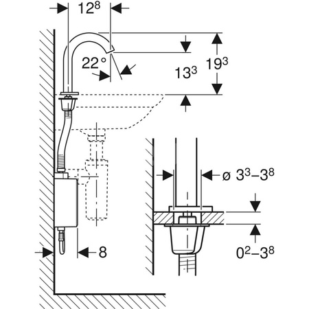 Bateria umywalkowa Geberit Piave, stojąca, zasilanie sieciowe, z natynkową skrzynką funkcyjną, z mieszaczem termostatycznym, chr