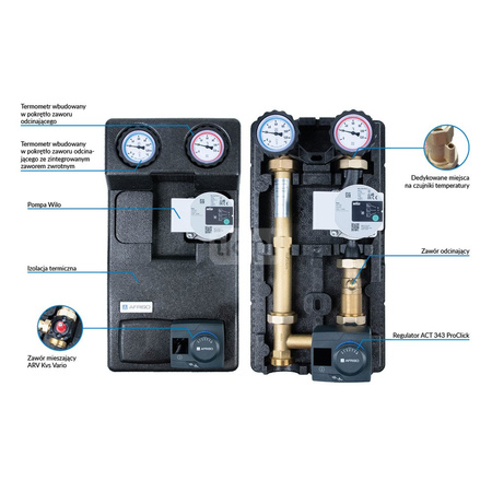 Grupa pompowa AFRISO PrimoTherm 180-2 DN25 GP 3-WM-R Vario GZ x GW 1 1/2'' x 1'', z zaworem mieszającym, z izolacją, z pompą obiegową