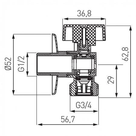 Zawór kulowy FERRO Z rozetą 1/2'' x 3/4'' kątowy, uchwyt: motylek metalowy