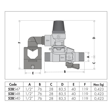 Hydrauliczna grupa bezpieczeństwa do zasobników c.w.u. do montażu pionowego lub poziomego 1/2'' 10bar