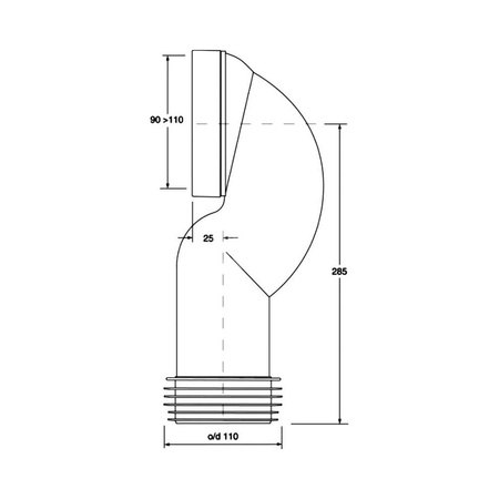 Przyłącze kanalizacyjne, długie L-275mm,wejście 90-110mm,wyjście 110mm, kąt 90 tzw. łuk