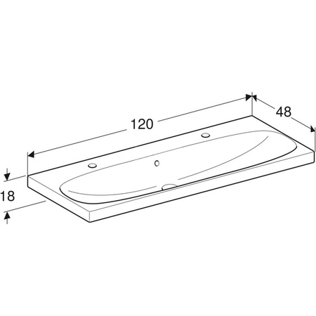 Umywalka GEBERIT Acanto 2-stanowiskowa prostokątna, biała, 1200mm, otwór na baterię z lewej i prawy, z odpływem przelewowym, półka od ściany
