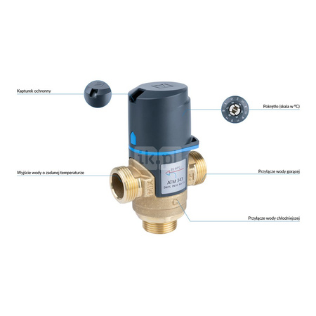 Zawór regulacyjny termostatyczny do wody ciepłej AFRISO ATM 343 mosiądz GZ 3/4'', DN 15, zakres temp. 35-60'C, Kvs 1.6 m3/h, maksymalna temperatura 90'C, maksymane ciśnienie 10 bar